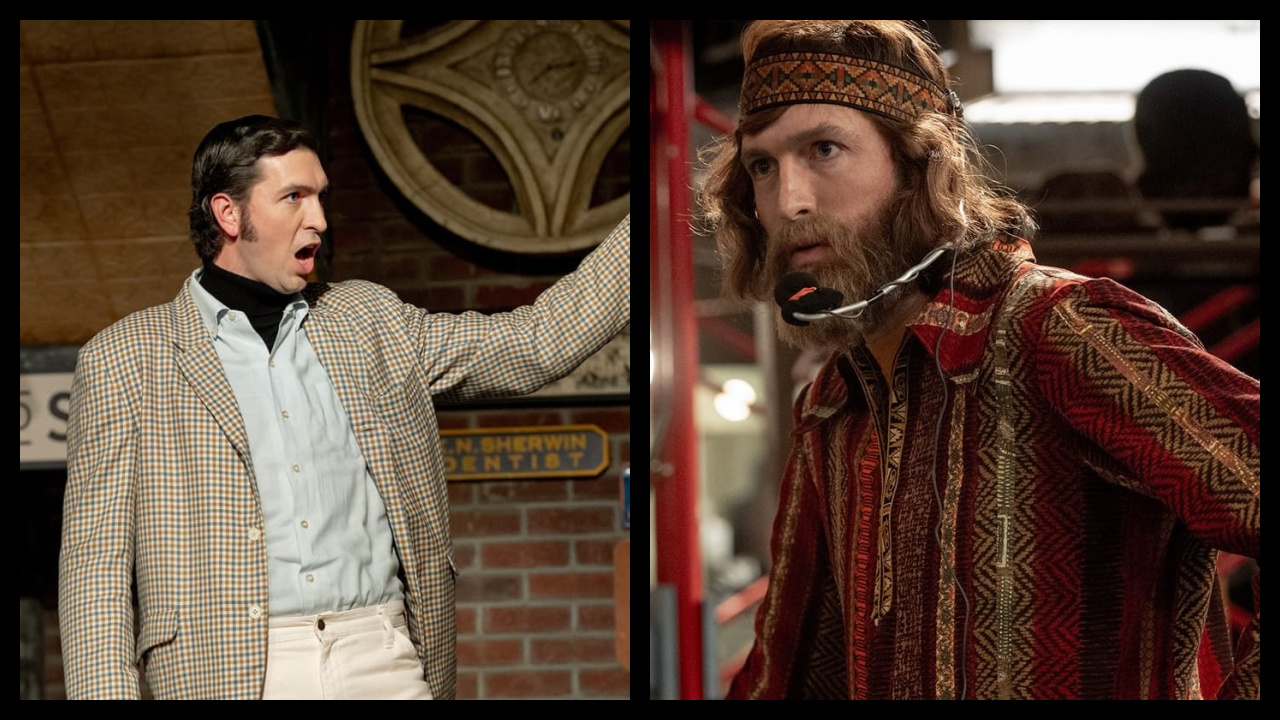 (Left) Nicholas Braun as Andy Kaufman in 'Saturday Night'. Photo: Sony Pictures. (Right) Nicholas Braun as Jim Henson in 'Saturday Night'. Photo: Sony Pictures.