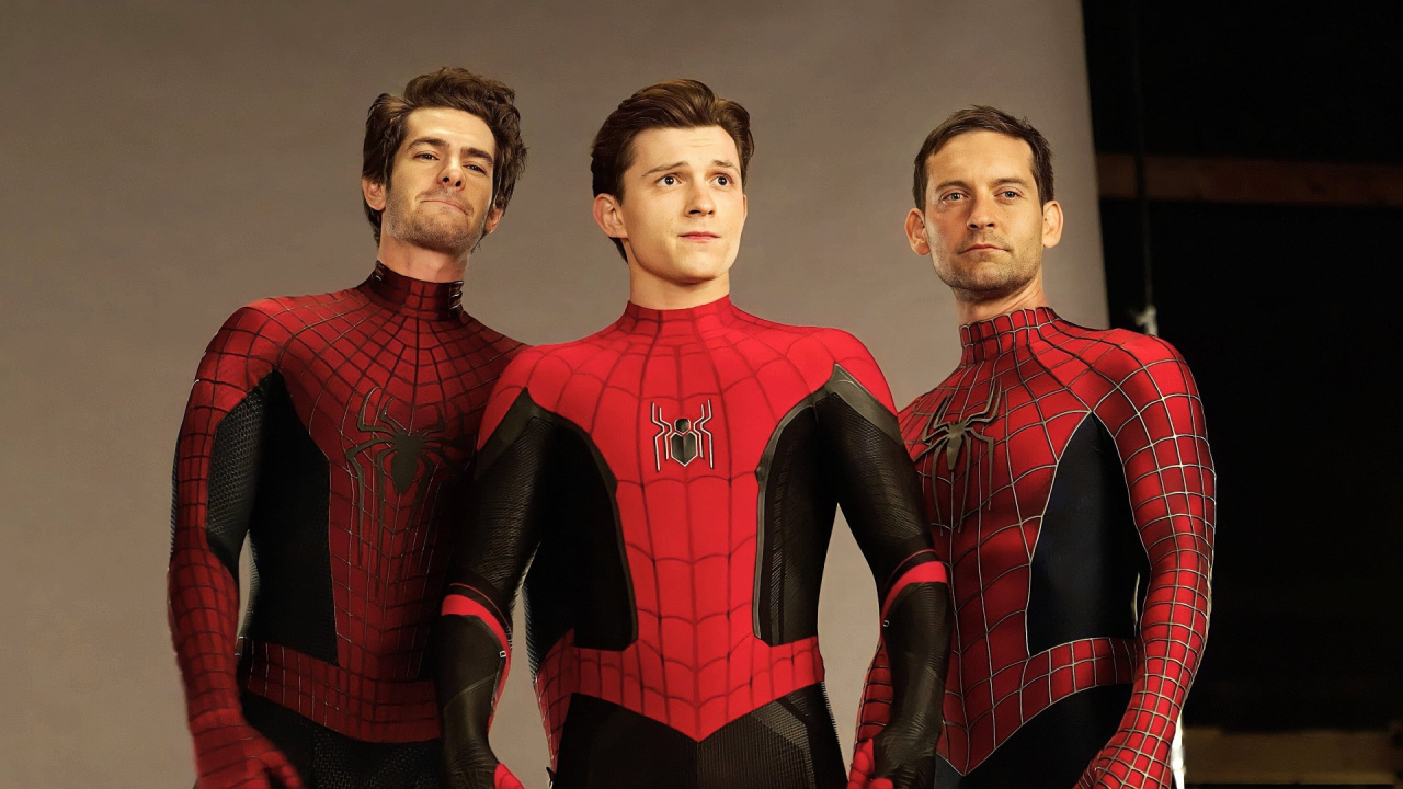 (L to R) Tom Holland, Andrew Garfield, and Tobey Maguire from 'Spider-Man: No Way Home.' Photo: Marvel Studios.