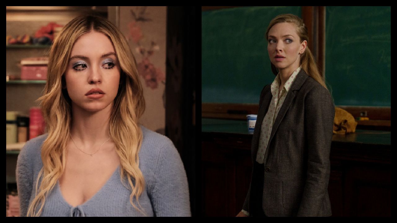 (Left) Sydney Sweeney in 'Euphoria.' Photograph by Eddy Chen/HBO. (Right) Amanda Seyfried in 'The Crowded Room,' premiering June 9, 2023 on Apple TV+.