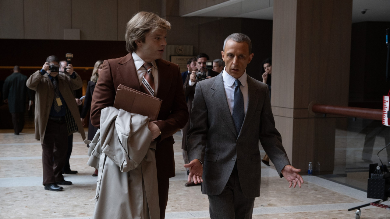 (L to R) Sebastian Stan as Donald Trump and Jeremy Strong as Roy Cohn in 'The Apprentice'. Photo: Briarcliff Entertainment.