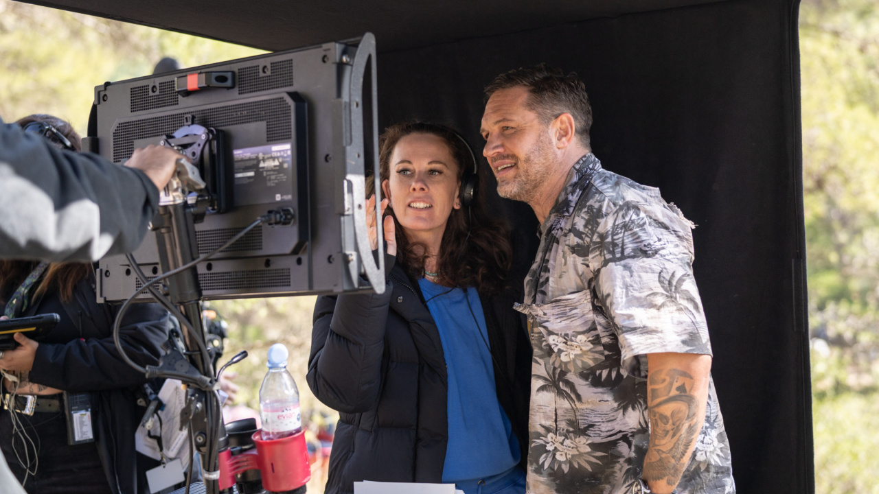 (L to R) Director Kelly Marcel and Tom Hardy on the set of Columbia Pictures 'Venom: The Last Dance'. Photo: Laura Radford.