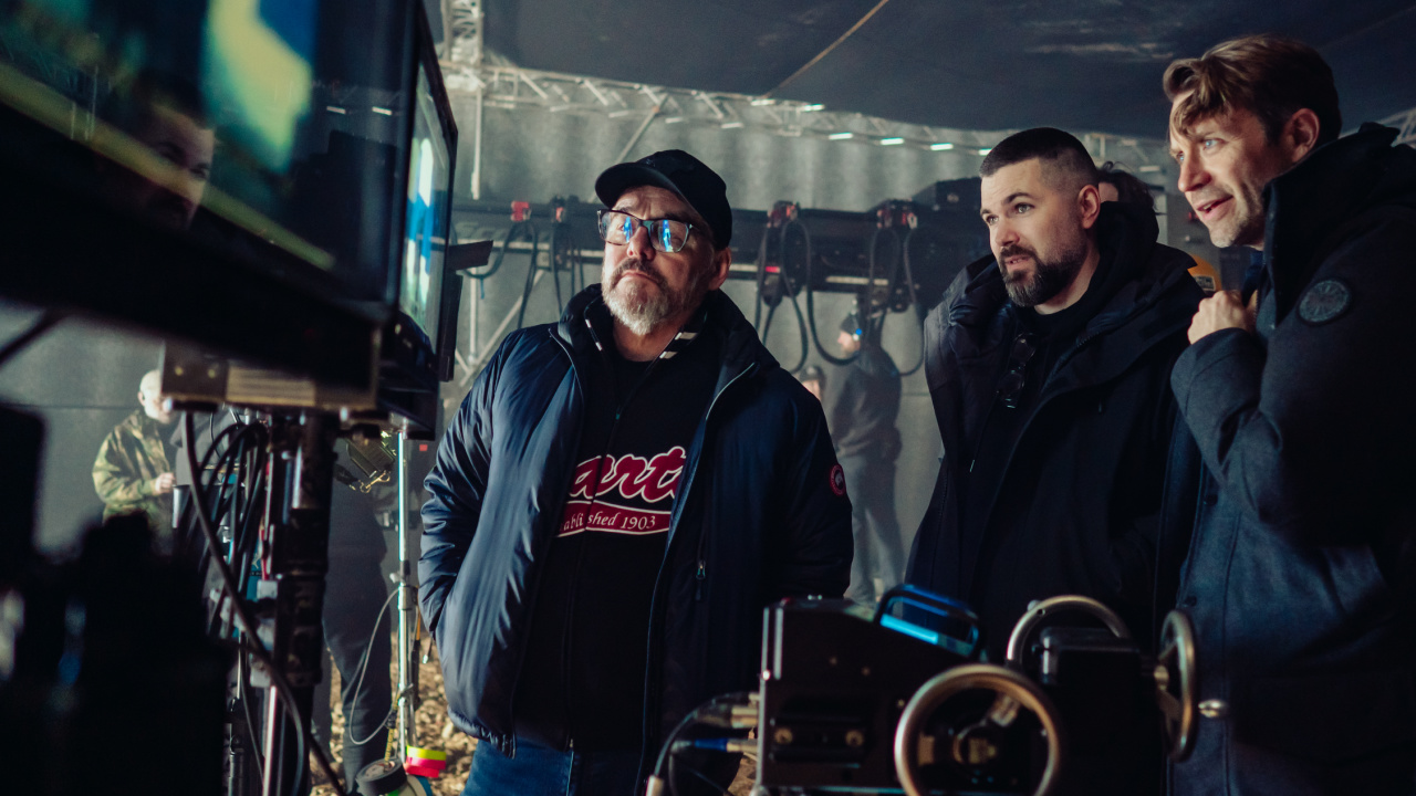 (L to R) Producer Chris Columbus, director Robert Eggers and director of photography Jarin Blaschke on the set of their film 'Nosferatu', a Focus Features release.