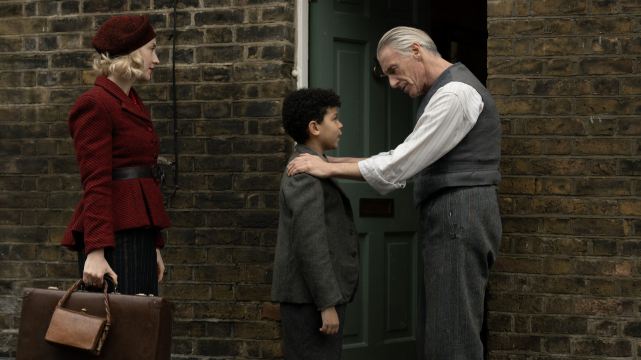 (L to R) Saoirse Ronan, Elliott Heffernan and Paul Weller in 'Blitz,' now in theaters and premiering globally on Apple TV+ on November 22.