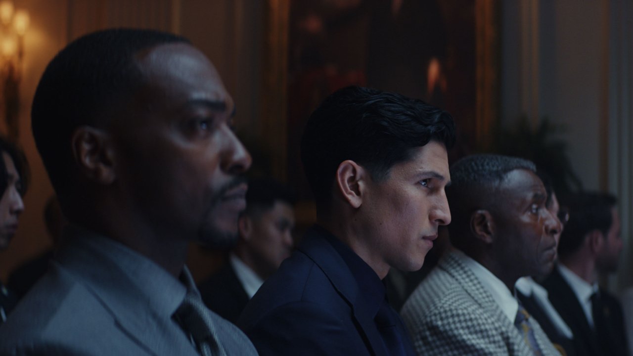 (L to R) Captain America/Sam Wilson (Anthony Mackie), Joaquin Torres/The Falcon (Danny Ramirez) and Isaiah Bradley (Carl Lumbly) in Marvel Studios' Captain America: Brave New World'. Photo courtesy of Marvel Studios. © 2024 Marvel.