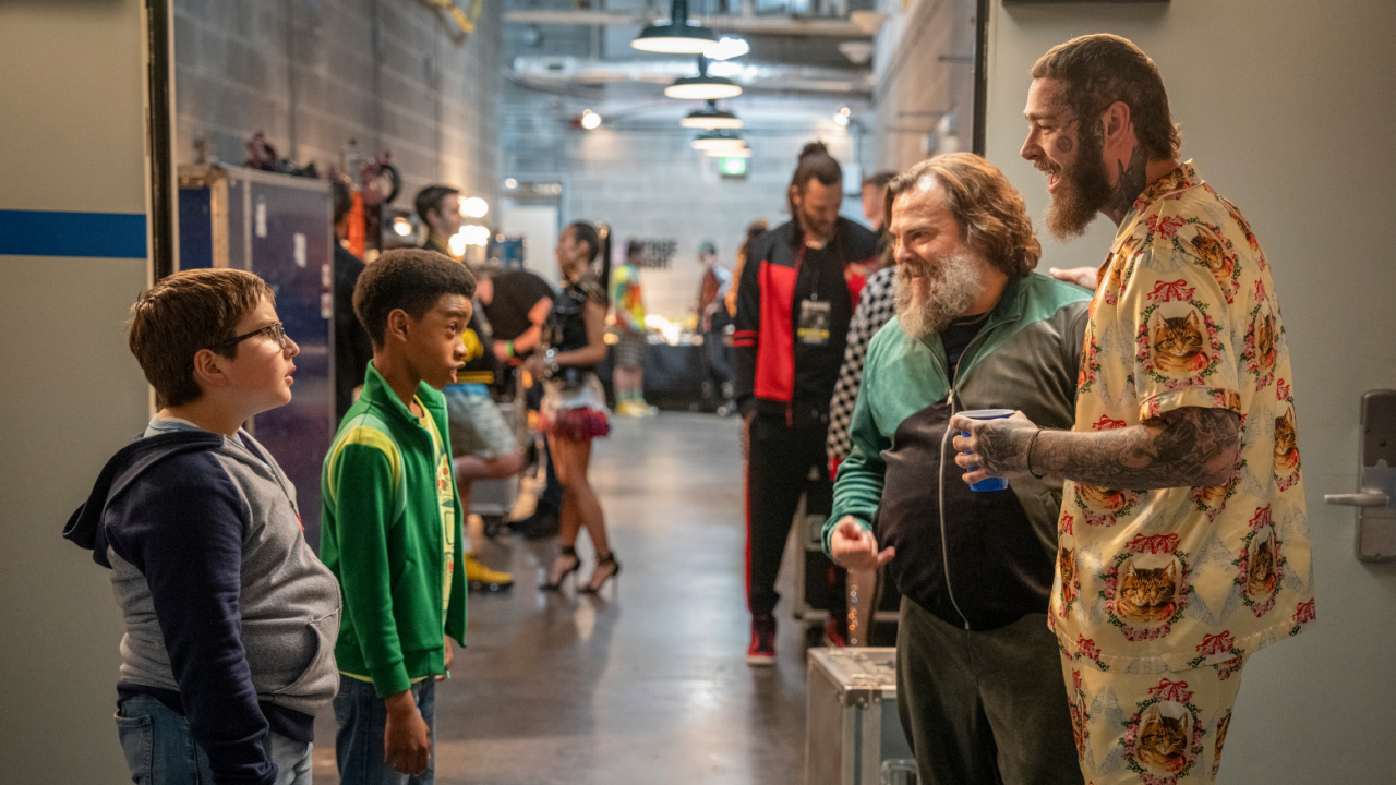 (L to R) Robert Timothy Smith, Jaden Carson Baker, Jack Black and Post Malone star in Paramount Pictures presents a Farrelly Brothers / Kraymation Films production, a Bobby Farrelly film, 'Dear Santa'.