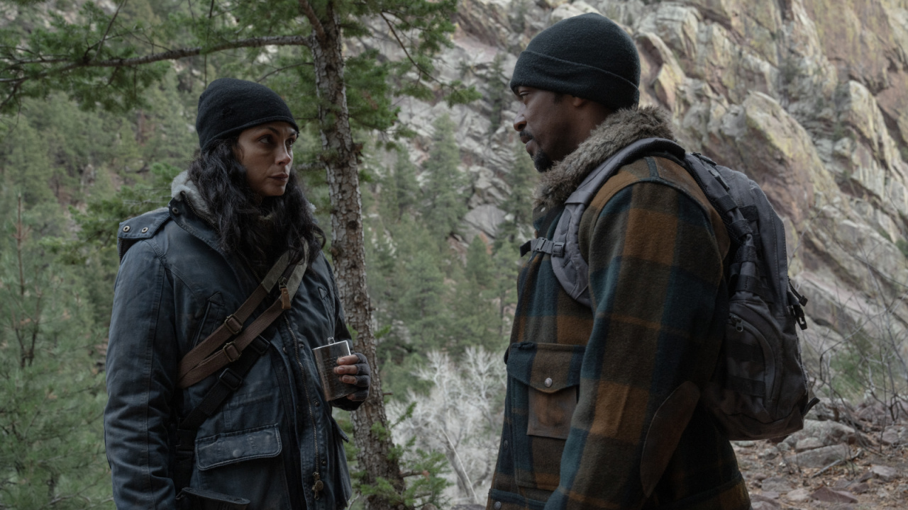 (L to R) Morena Baccarin and Anthony Mackie in 'Elevation'. Photo: Vertical.