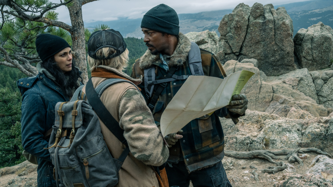 (L to R) Morena Baccarin, Maddie Hasson and Anthony Mackie in 'Elevation'. Photo: Vertical.