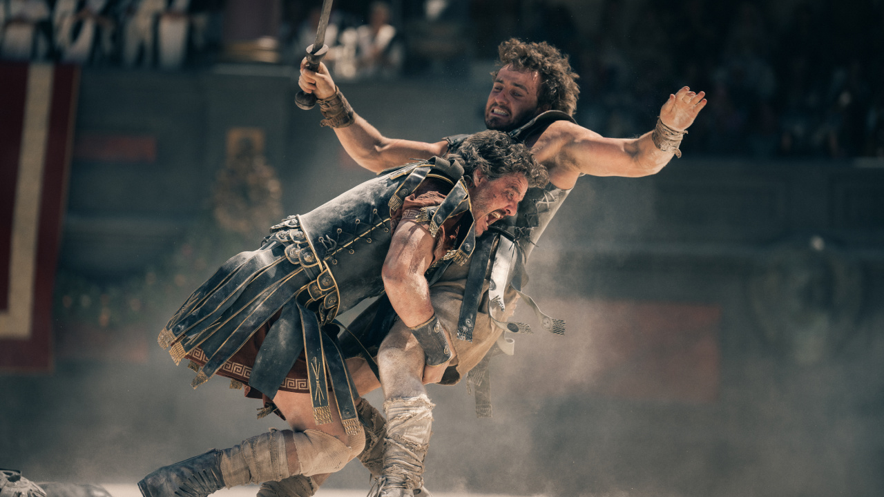 (L to R) Pedro Pascal plays General Acacius and Paul Mescal plays Lucius in 'Gladiator II' from Paramount Pictures.