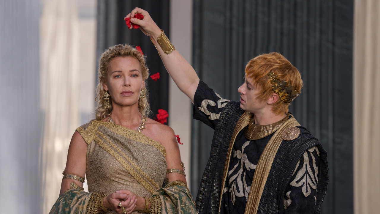 (L to R) Connie Nielsen plays Lucilla and Joseph Quinn plays Emperor Geta in 'Gladiator II' from Paramount Pictures.