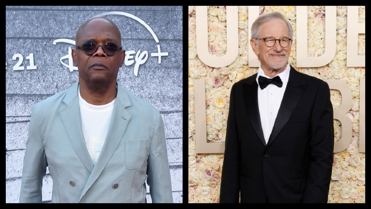 (Left) Samuel L. Jackson at the red carpet premiere of Marvel Studios' 'Secret Invasion.' (Right) Steven Spielberg arrives on the red carpet at the 81st Annual Golden Globe Awards, airing live from the Beverly Hilton in Beverly Hills, California on Sunday, January 7, 2024, at 8 PM ET/5 PM PT, on CBS and streaming on Paramount+. Photo: Trae Patton/CBS ©2024 CBS Broadcasting, Inc. All Rights Reserved.