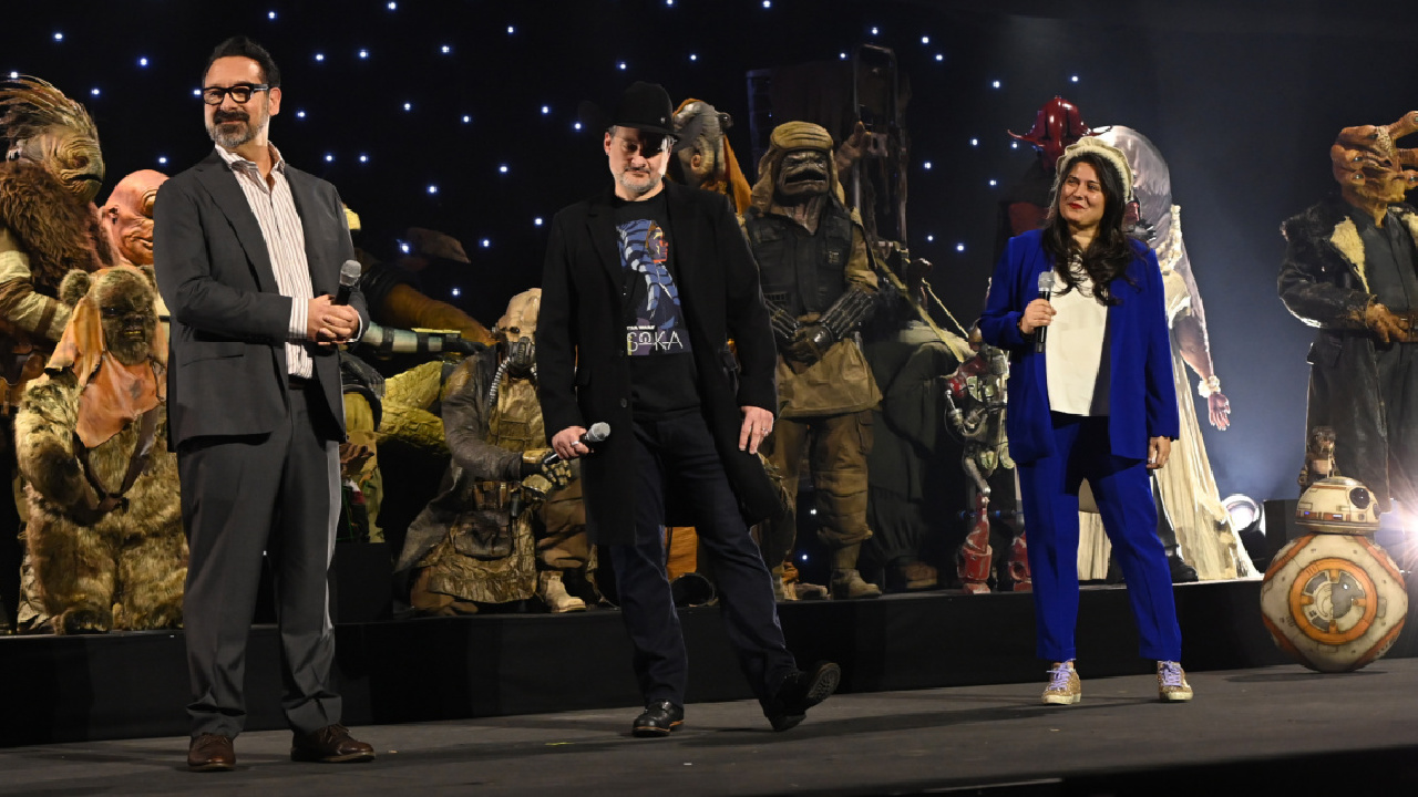 (L to R) Director James Mangold, Dave Filoni, and director Sharmeen Obaid-Chinoy at Star Wars Celebration 2023.