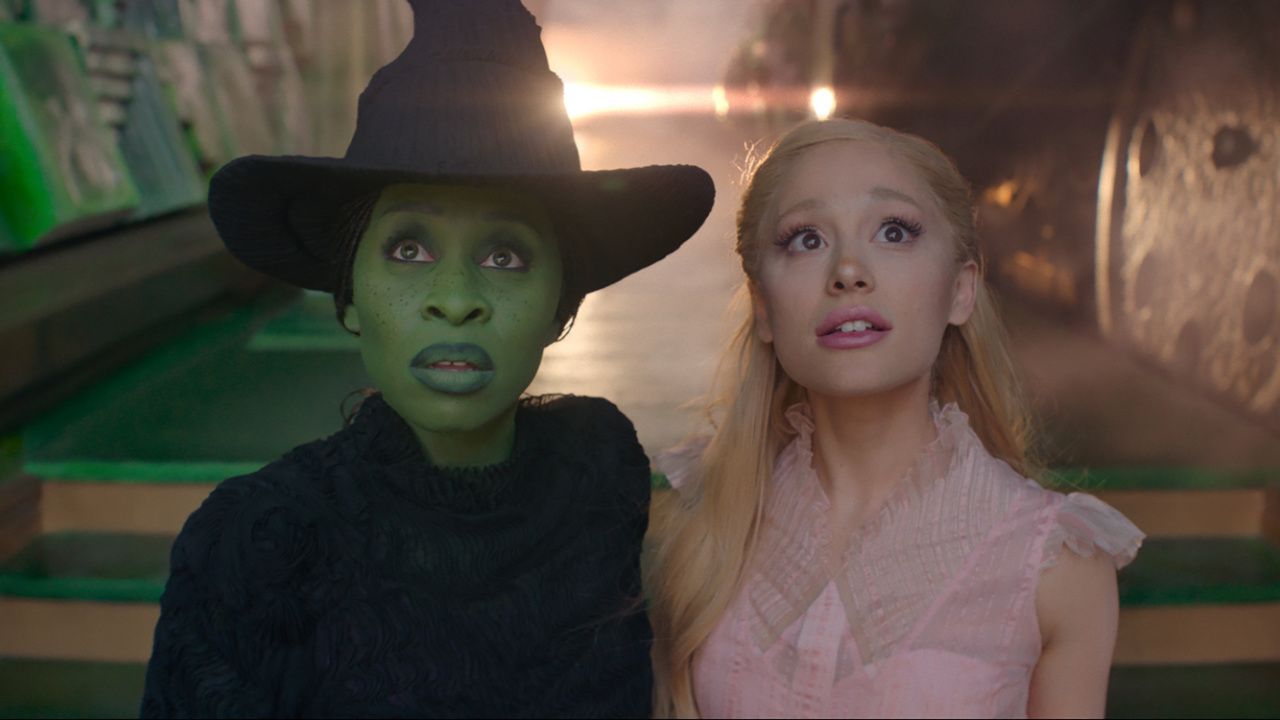 (L to R) Cynthia Erivo is Elphaba and Ariana Grande is Glinda in 'Wicked', directed by Jon M. Chu. Photo: Universal Pictures.