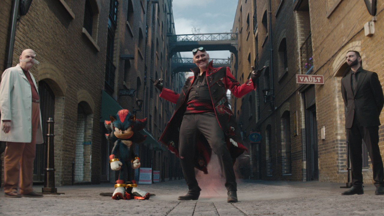 (L to R) Jim Carrey as Ivo Robotnik and Gerald Robotnik, Shadow (Keanu Reeves) and Lee Majdoub as Agent Stone in 'Sonic the Hedgehog 3' from Paramount Pictures and Sega of America, Inc.