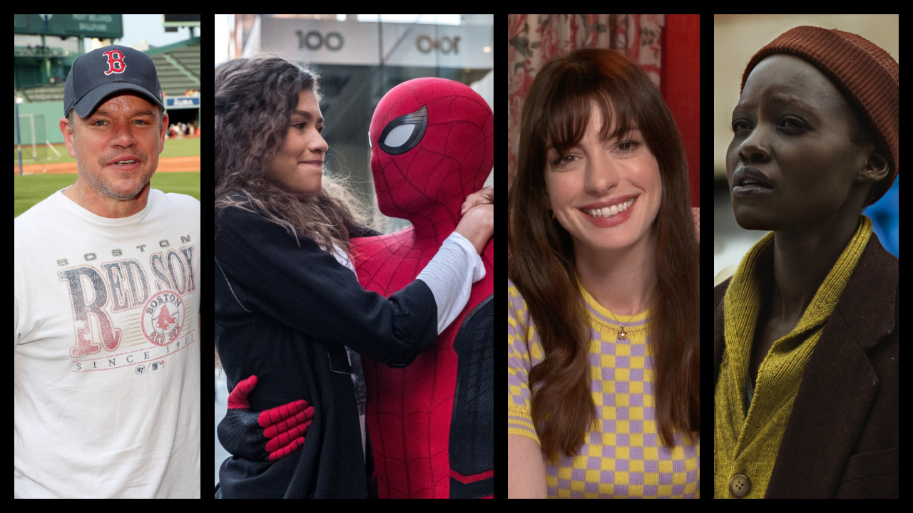 (Far Left) Matt Damon promoting 'The Instigators'. Photo: Apple TV+. (Center Left) Zendaya and Tom Holland in 'Spider-Man: No Way Home'. Photo: Marvel Studios. (Center Right) Anne Hathaway for Apple TV+'s 'WeCrashed.' (Far Right) Lupita Nyong’o as “Samira” in 'A Quiet Place: Day One' from Paramount Pictures.