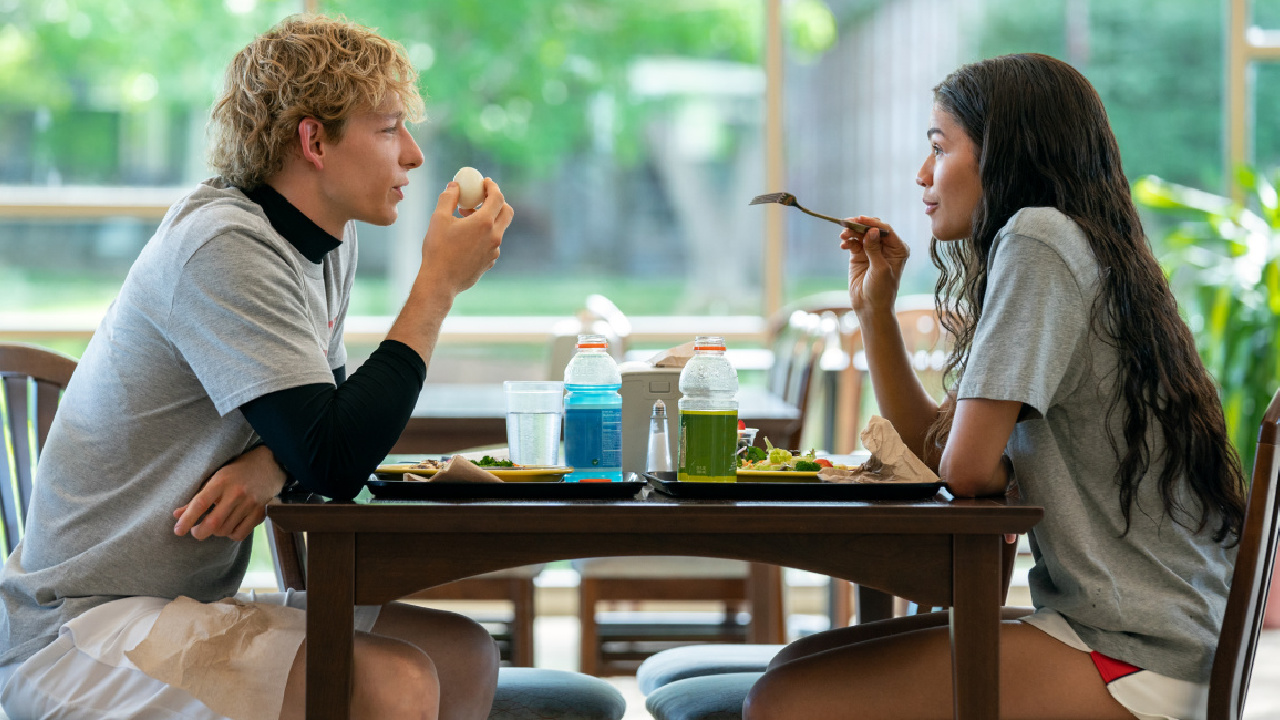 (L to R) Mike Faist stars as Art and Zendaya as Tashi in director Luca Guadagnino’s 'Challengers,' an Amazon MGM Studios film. Photo credit: Niko Tavernise. © 2024 Metro-Goldwyn-Mayer Pictures Inc. All Rights Reserved.