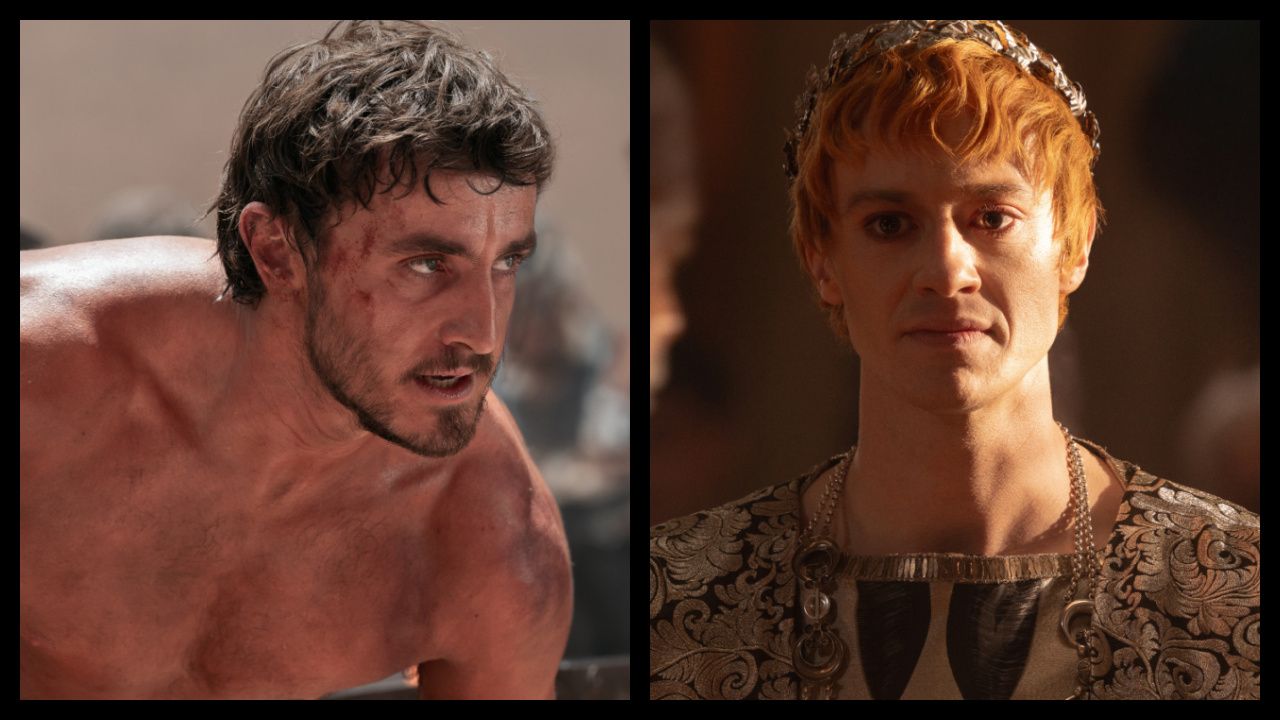 (Left) Paul Mescal plays Lucius in 'Gladiator II' from Paramount Pictures. (Right) Joseph Quinn plays Emperor Geta in 'Gladiator II' from Paramount Pictures.