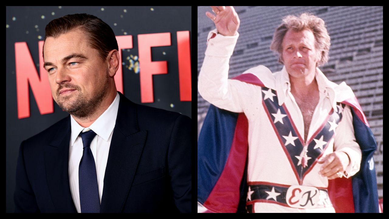 (Left) Leonardo DiCaprio attends the 'Don't Look Up' World Premiere at Jazz at Lincoln Center on December 05, 2021 in New York City. Photo by Dimitrios Kambouris/Getty Images for Netflix. (Right) Evel Knievel in 'Being Evel '.