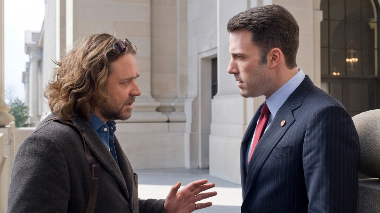 (L to R) Russell Crowe and Ben Affleck in 'State of Play'. Photo: Universal Pictures.