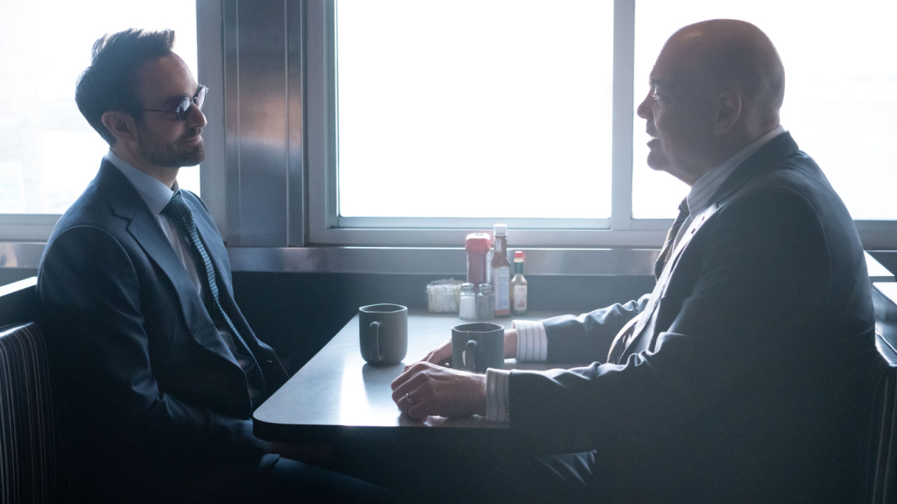 (L to R) Daredevil/Matt Murdock (Charlie Cox) and Kingpin/Wilson Fisk (Vincent D'Onofrio) in Marvel Television's 'Daredevil: Born Again', exclusively on Disney+. Photo by Giovanni Rufino. © 2024 Marvel.