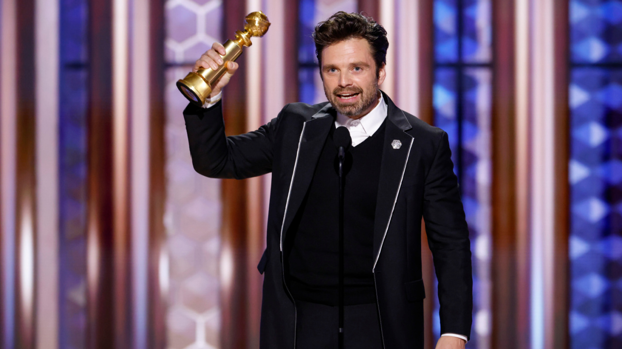 Sebastian Stan accepts the award for Male Actor - Motion Picture - Musical or Comedy at the 82nd Annual Golden Globe Awards, airing live from the Beverly Hilton in Beverly Hills, California on Sunday, January 5, 2025, at 8 PM ET/5 PM PT, on CBS and streaming on Paramount+. Photo: Sonja Flemming/CBS ©2025 CBS Broadcasting, Inc. All Rights Reserved.