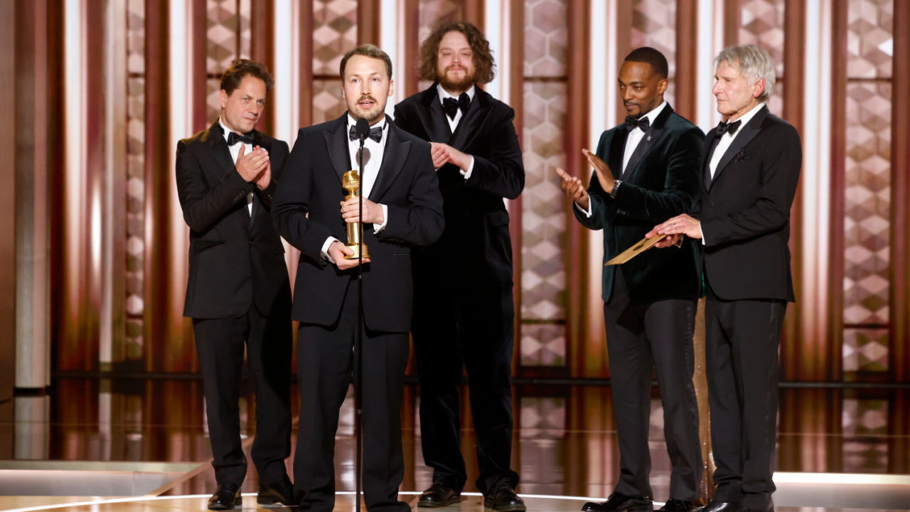 (L to R) Gints Zilbalodis, Matīss Kaža, Ron Dyens of Flow accepts the award for Motion Picture - Animated at the 82nd Annual Golden Globe Awards, airing live from the Beverly Hilton in Beverly Hills, California on Sunday, January 5, 2025, at 8 PM ET/5 PM PT, on CBS and streaming on Paramount+. Photo: Sonja Flemming/CBS ©2025 CBS Broadcasting, Inc. All Rights Reserved.