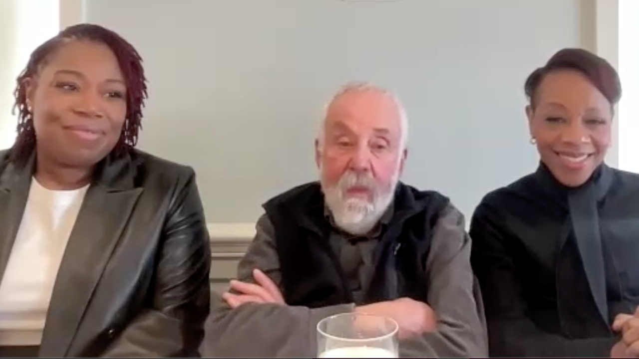 (L to R) Michele Austin, filmmaker Mike Leigh and Marianne Jean-Baptiste discuss 'Hard Truths'.