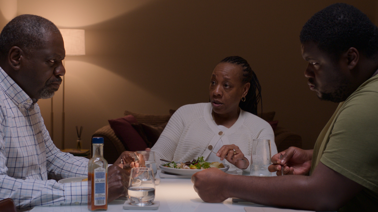 (L to R) David Webber, Marianne Jean-Baptiste, and Tuwaine Barrett in 'Hard Truths'. Courtesy of Simon Mein. Copyright: Thin Man Films Ltd.