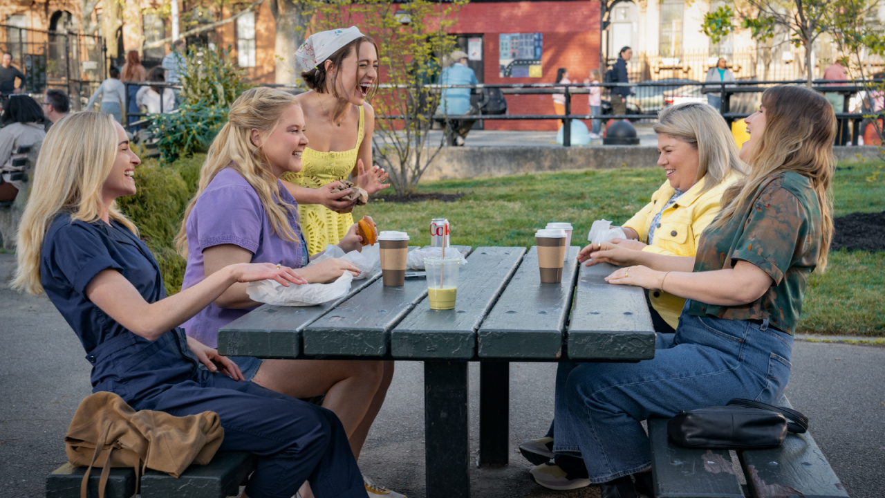 (L to R) Brianne Howey as Megan, Amy Schumer as Lainy, Lizze Broadway as Shirley, Urzila Carlson as Fallon and Jillian Bell as Kate in 'Kinda Pregnant'. Photo: Scott Yamano/Netflix © 2024.