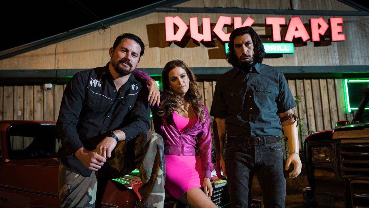 (L to R) Channing Tatum, Riley Keough and Adam Driver in 'Lucky Logan'. Photo: Bleecker Street.