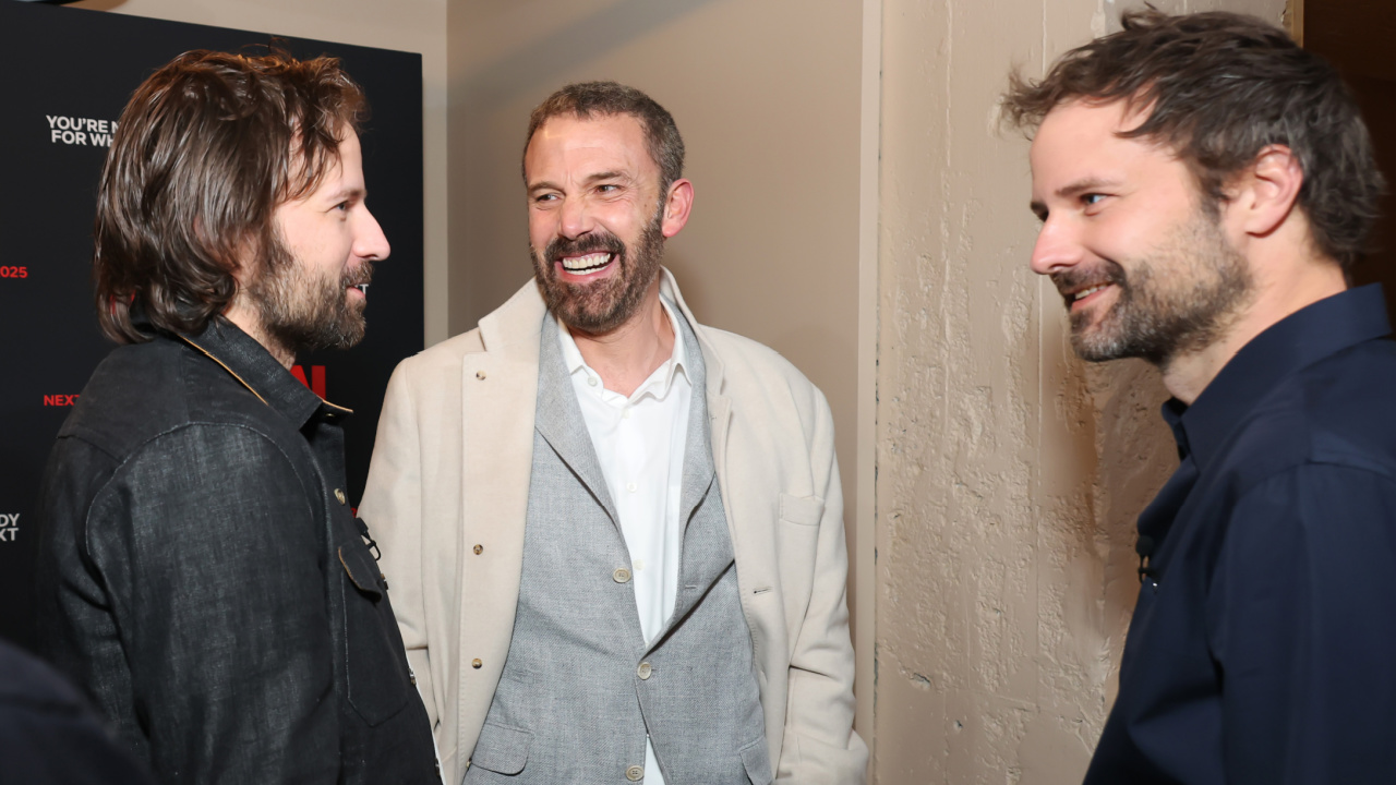 (L to R) Ross Duffer, Ben Affleck and Matt Duffer at Netflix's Next on Netflix event. Photo: Netflix.