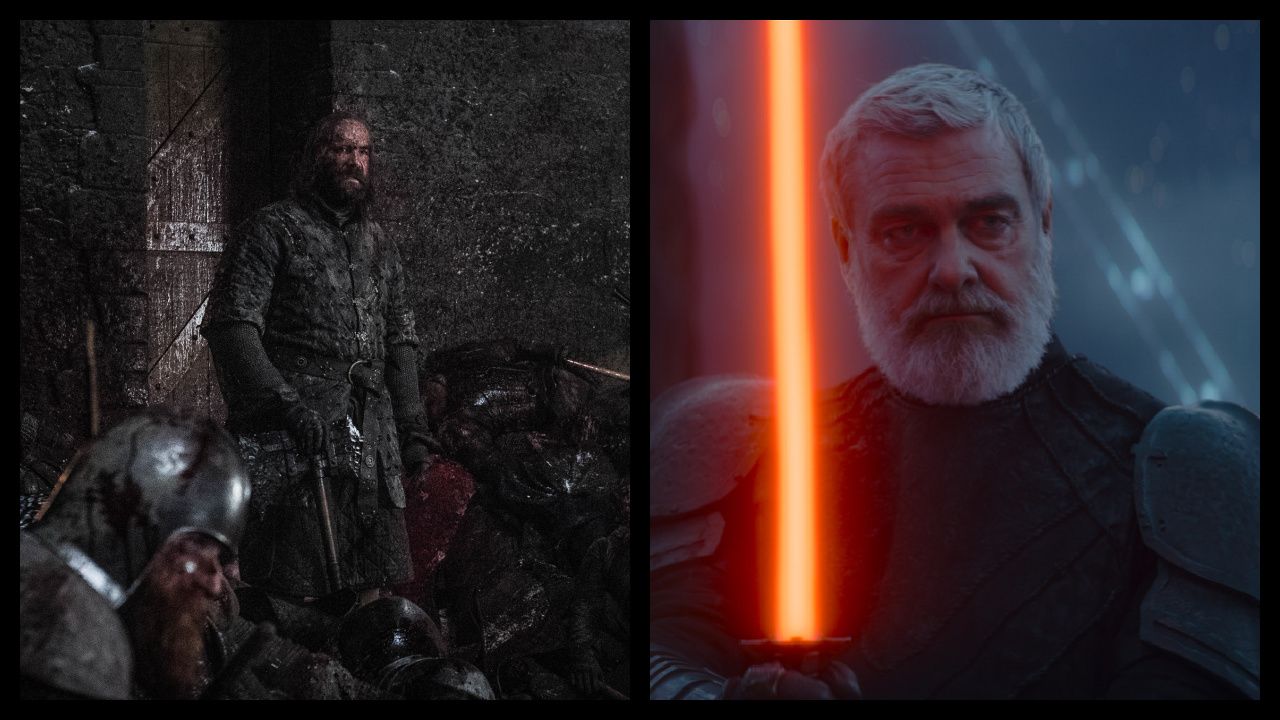 (Left) Rory McCann in 'Game of Thrones' season 8. Photo: Helen Sloan/HBO. (Right) Baylan Skoll (Ray Stevenson) in Lucasfilm's 'Ahsoka,' exclusively on Disney+. ©2023 Lucasfilm Ltd. & TM. All Rights Reserved.