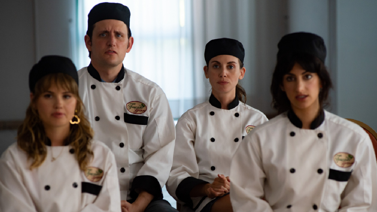 (L to R) Zach Woods as Dana, Debby Ryan as Susie, Alison Brie as Amber, and Ayden Mayeri as Jen in 'Spin Me Round.'