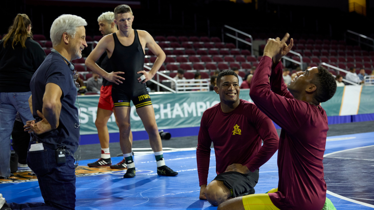 (L to R) Director William Goldenberg, Anthony Robles and Jharrel Jerome (Anthony Robles) in Unstoppable'. Photo Credit: Ana Carballosa/Prime Video.