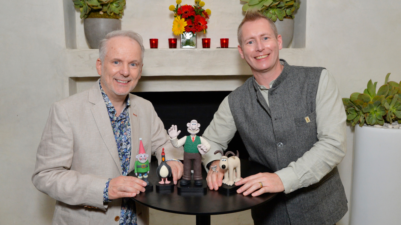 (L to R) 'Wallace & Gromit: Vengeance Most Fowl' directors Nick Park and Merlin Crossingham. Photo by Lindsey Byrnes. © Netflix, Inc.