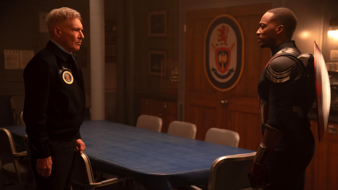 (L to R) President Thaddeus Ross (Harrison Ford) and Captain America/Sam Wilson (Anthony Mackie) in Marvel Studios' 'Captain America: Brave New World'. Photo courtesy of Marvel Studios. © 2024 Marvel.