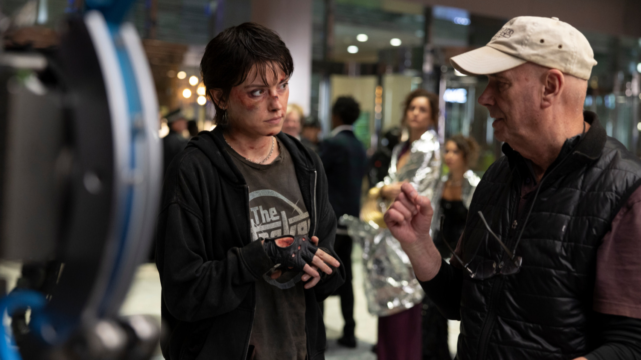 (L to R) Daisy Ridley and Director Martin Campbell behind the scenes of the action film 'Cleaner', a Quiver Distribution release. Photo courtesy of Quiver Distribution.