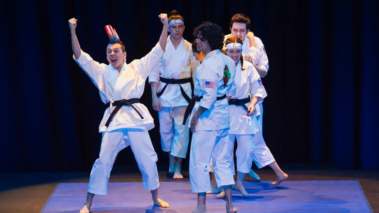 (L to R) Jacob Bertrand as Eli 'Hawk' Moskowitz, Tanner Buchanan as Robby Keene, Xolo Maridueña as Miguel Diaz, Mary Mouser as Samantha LaRusso, Gianni DeCenzo as Demetri in 'Cobra Kai'. Photo: Curtis Bonds Baker/Netflix © 2024.