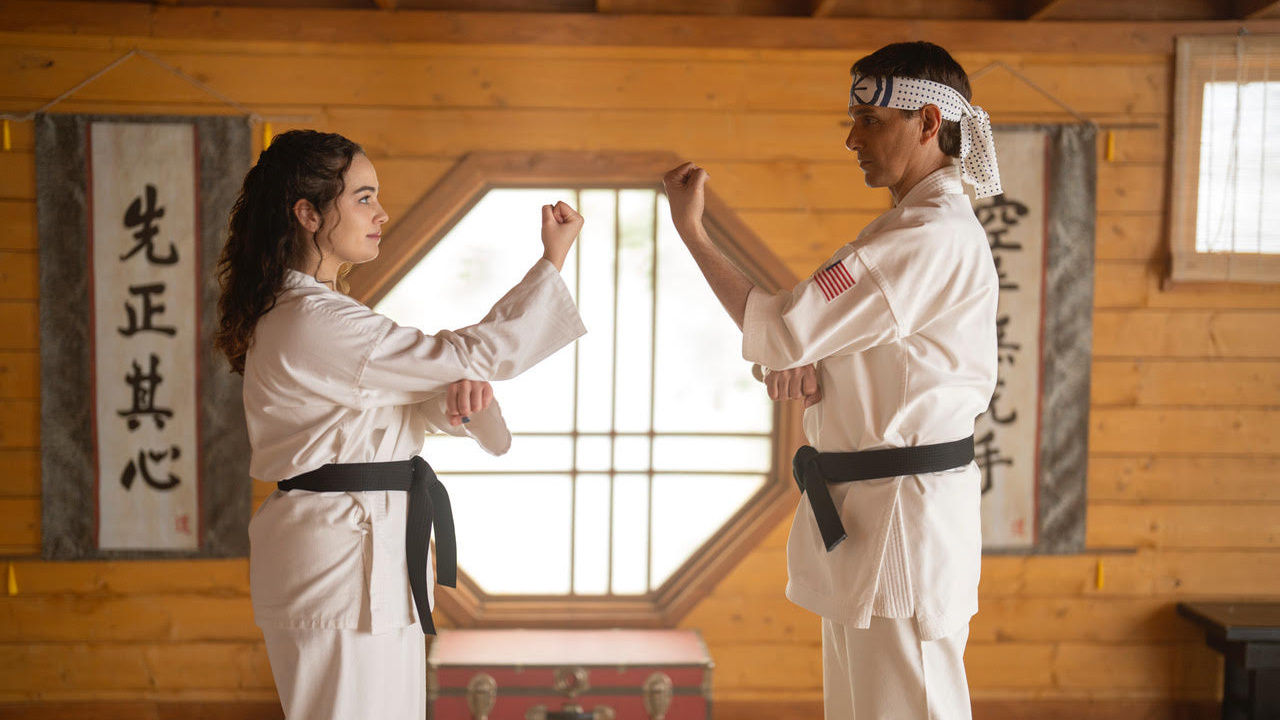 (L to R) Mary Mouser as Samantha LaRusso, Ralph Macchio as Daniel LaRusso in 'Cobra Kai'. Photo: Curtis Bonds Baker/Netflix © 2024.