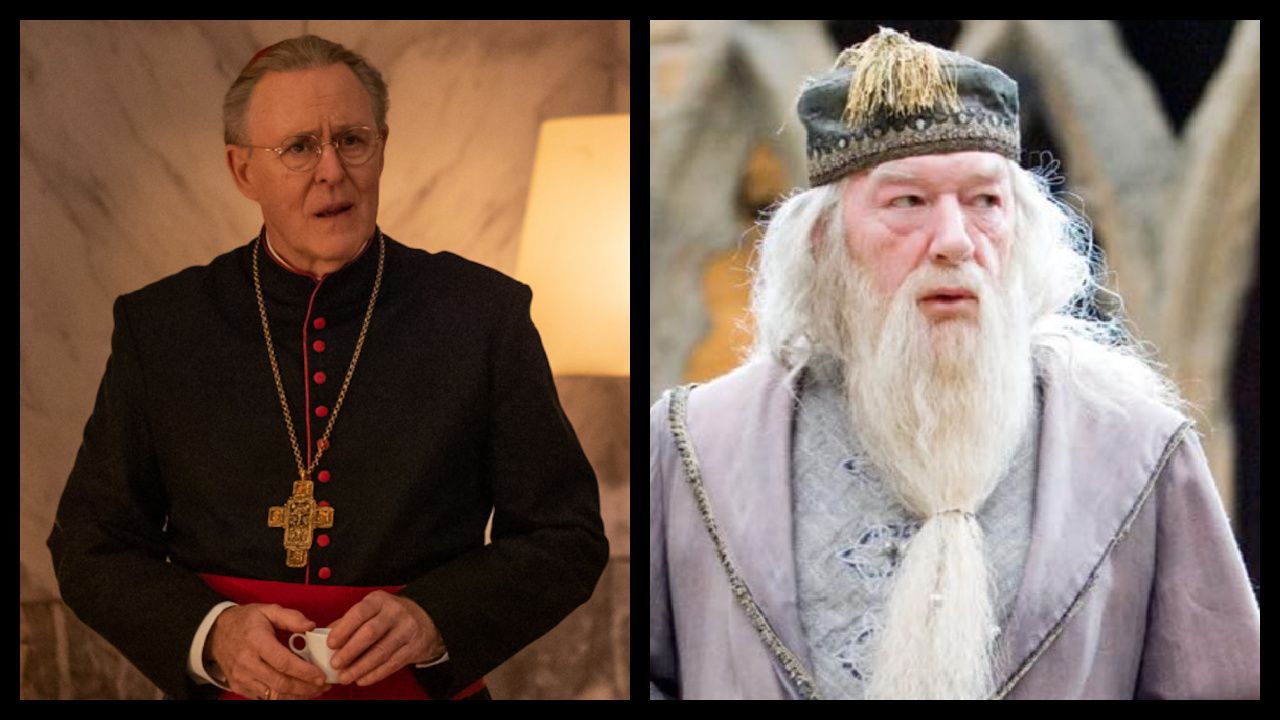 (Left) John Lithgow stars as Cardinal Tremblay in director Edward Berger's 'Conclave', a Focus Features release. Credit: Philippe Antonello/Focus Features ©2024 All Rights Reserved. (Right) Michael Gambon as Albus Dumbledore in 'Harry Potter and the Order of the Phoenix.' Photo: Warner Bros.