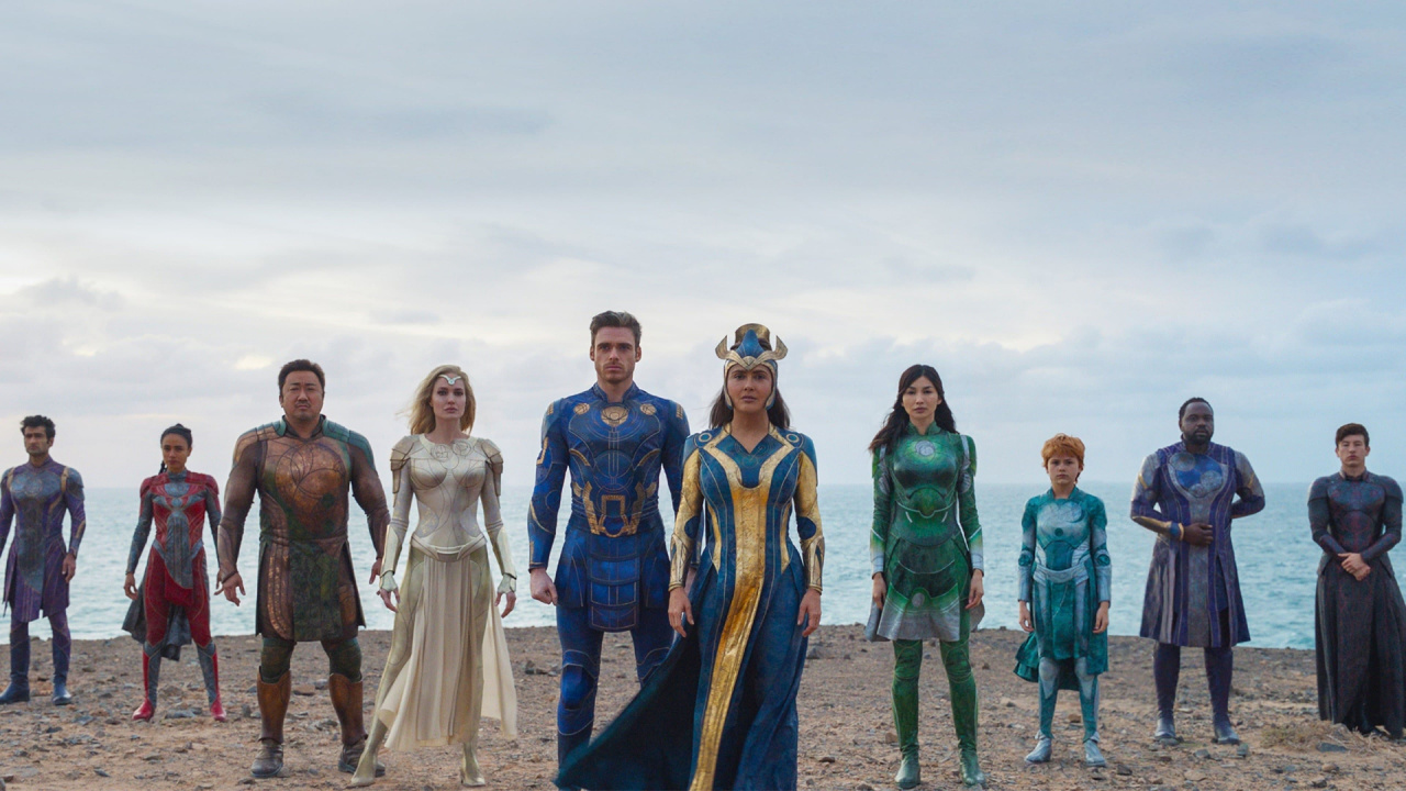 (L to R) Don Lee, Angelina Jolie, Richard Madden, Salma Hayek, Gemma Chan, and Lia McHugh in Marvel Studios' 'Eternals.' Photo: Marvel Studios.