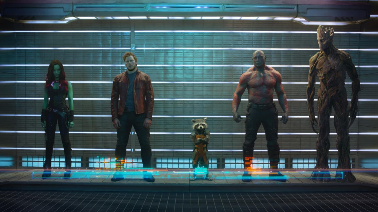 (L to R) Zoe Saldaña, Chris Pratt, Rocket, Dave Bautista and Groot in 'Guardians of the Galaxy.' Photo: Marvel Studios.