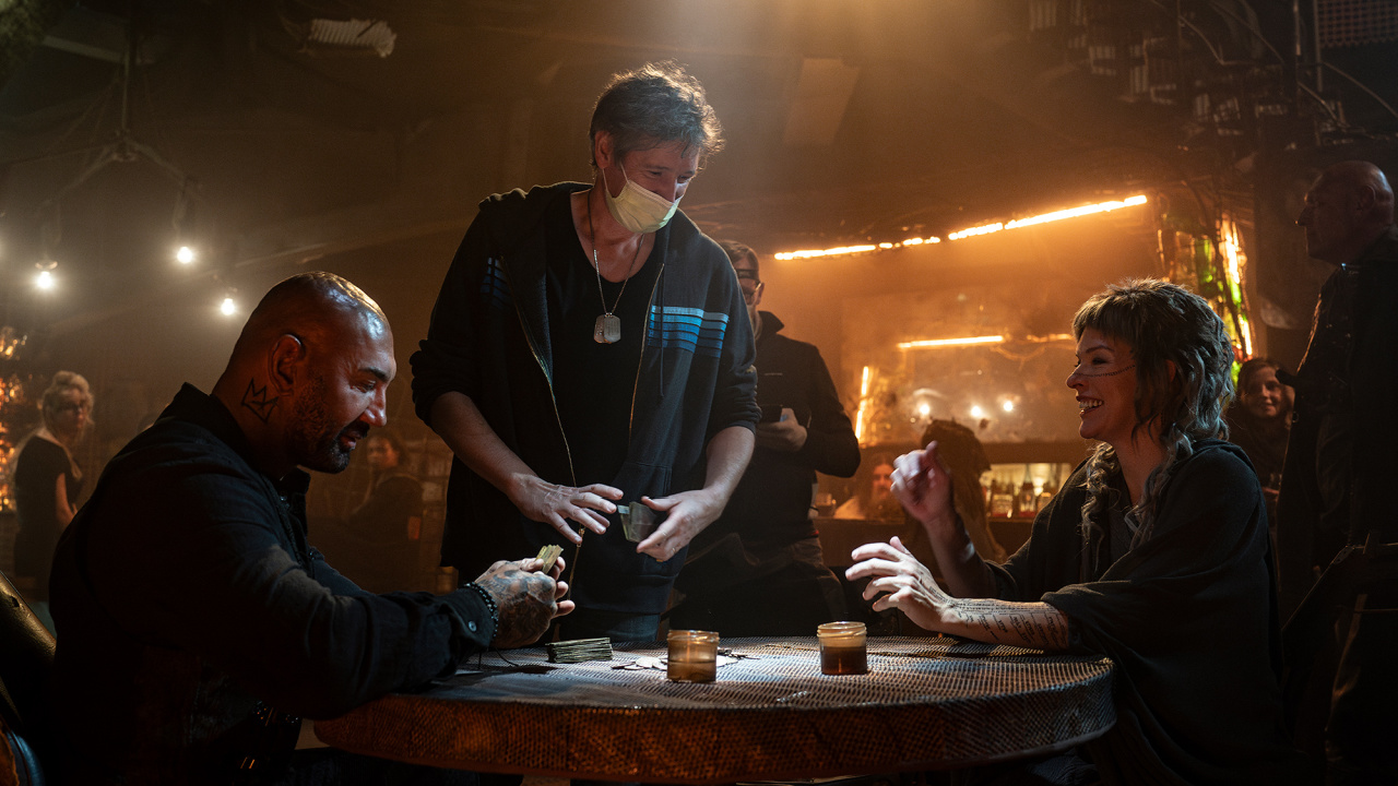 (L to R) Dave Bautista, director Paul W. S. Anderson, and Milla Jovovich on the set of 'In the Lost Lands'. Photo: Vertical.