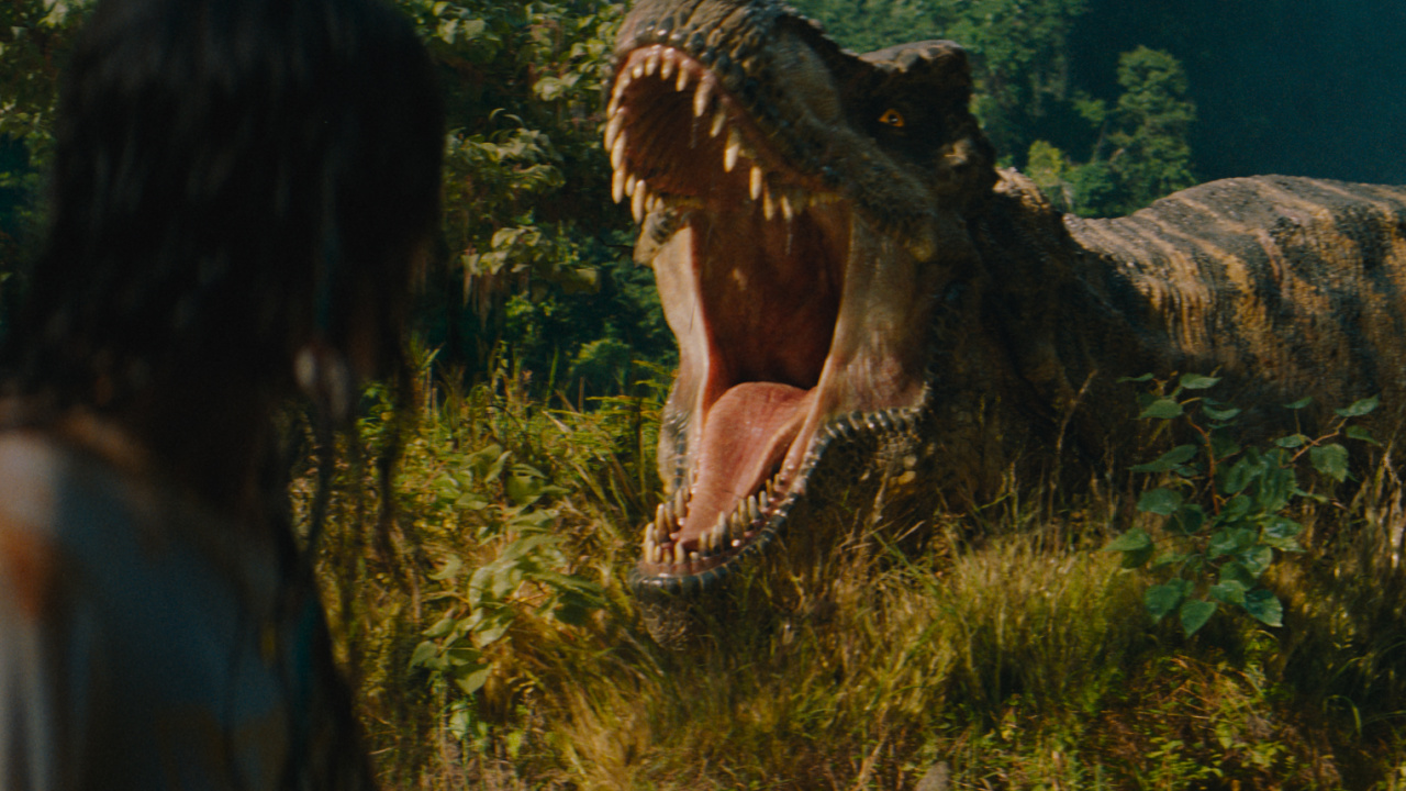 (L to R) Luna Blaise and the T-Rex in 'Jurassic World Rebirth', directed by Gareth Edwards. Photo: Universal Pictures.