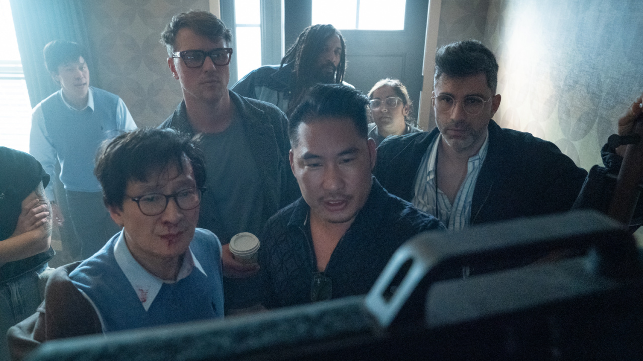 (L to R) Ke Huy Quan, producer Guy Danella, director Jonathan Eusebio and stunt designer and coordinator Can Aydin on the set of 'Love Hurts'. Photo: Universal Pictures.