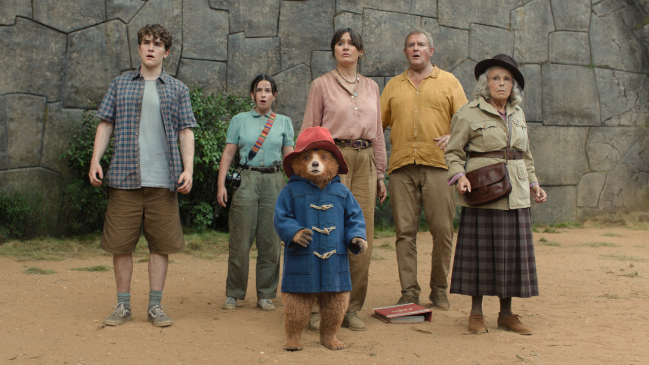 (L to R) Samuel Joslin, Madeleine Harris, Paddington, Emily Mortimer, Hugh Bonneville, and Julie Walters in 'Paddington in Peru'. Photo: Sony Pictures.