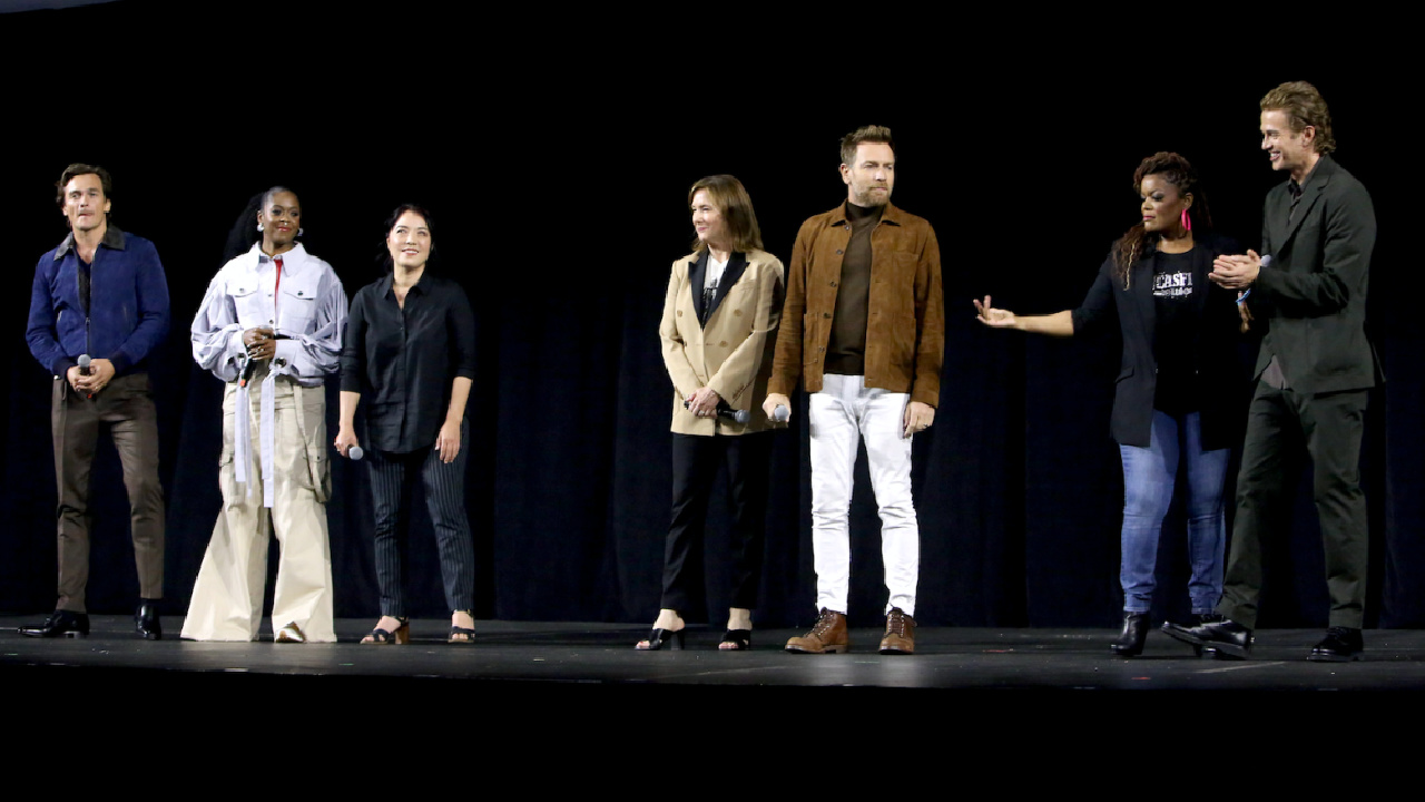 (L-R) Rupert Friend, Moses Ingram, Deborah Chow, Kathleen Kennedy, President, Lucasfilm, Ewan McGregor, Yvette Nicole Brown, and Hayden Christensen attend the studio showcase panel at Star Wars Celebration for "Obi-Wan Kenobi" in Anaheim, California on May 26, 2022. The series streams exclusively on Disney+. (Photo by Jesse Grant/Getty Images for Disney).