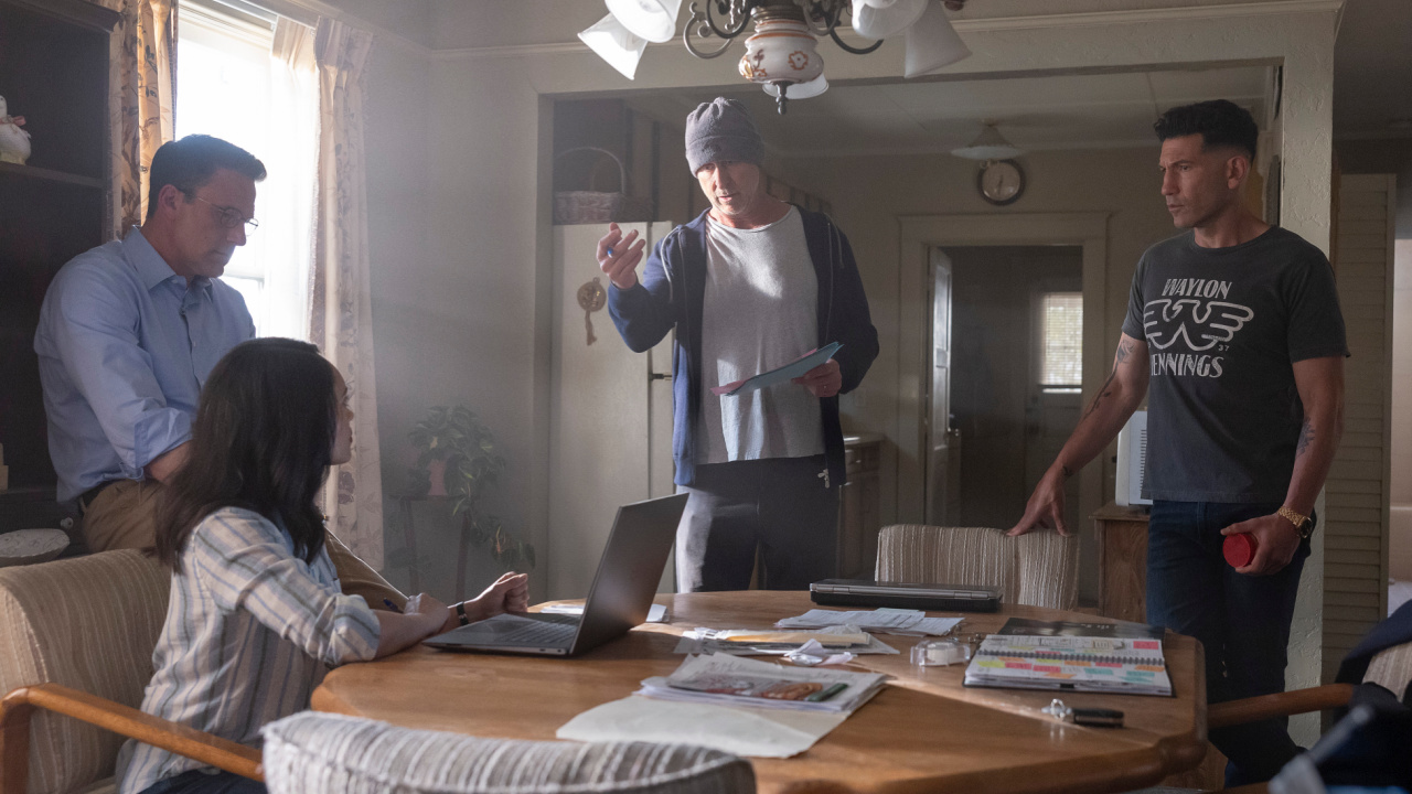 (L to R) Ben Affleck (Christian Wolff), Cynthia Addai-Robinson (Marybeth Medina), Director Gavin O'Connor, and Jon Bernthal (Brax) in 'The Accountant 2'. Photo Credit: Warrick Page/Prime © Amazon Content Services LLC.