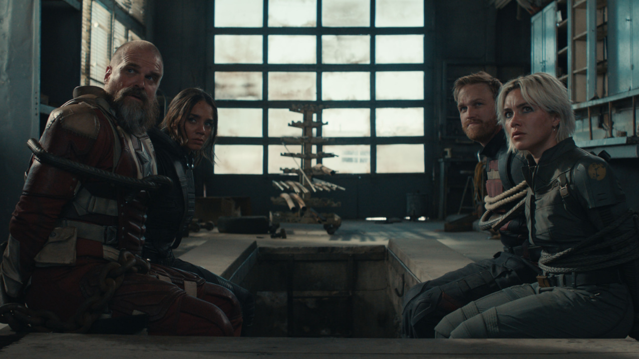 (L to R) Alexei Shostakov/Red Guardian (David Harbour), Ghost (Hannah John-Kamen), John Walker (Wyatt Russell) and Yelena Belova (Florence Pugh) in Marvel Studios' 'Thunderbolts*'. Photo courtesy of Marvel Studios. © 2025 Marvel.