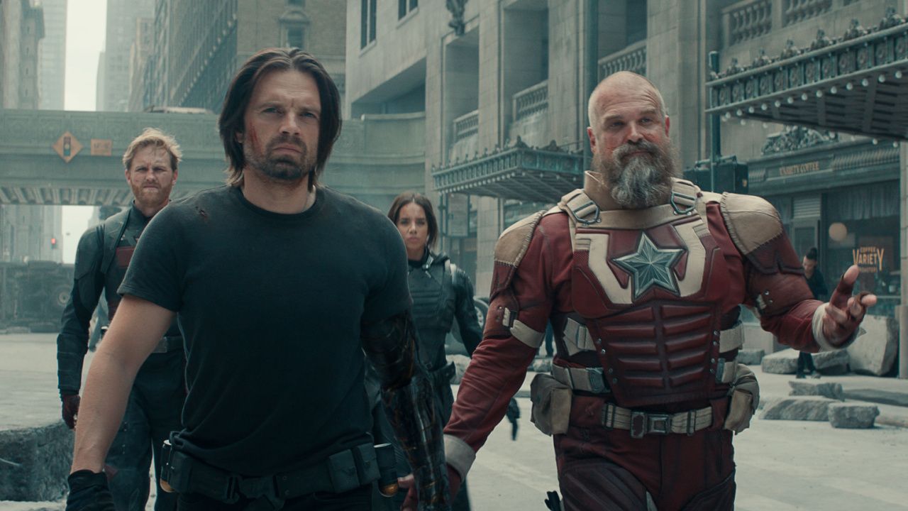 (L to R) John Walker (Wyatt Russell), Bucky Barnes (Sebastian Stan), Ghost (Hannah John-Kamen) and Alexei Shostakov/Red Guardian (David Harbour) in Marvel Studios' 'Thunderbolts*'. Photo courtesy of Marvel Studios. © 2025 Marvel.