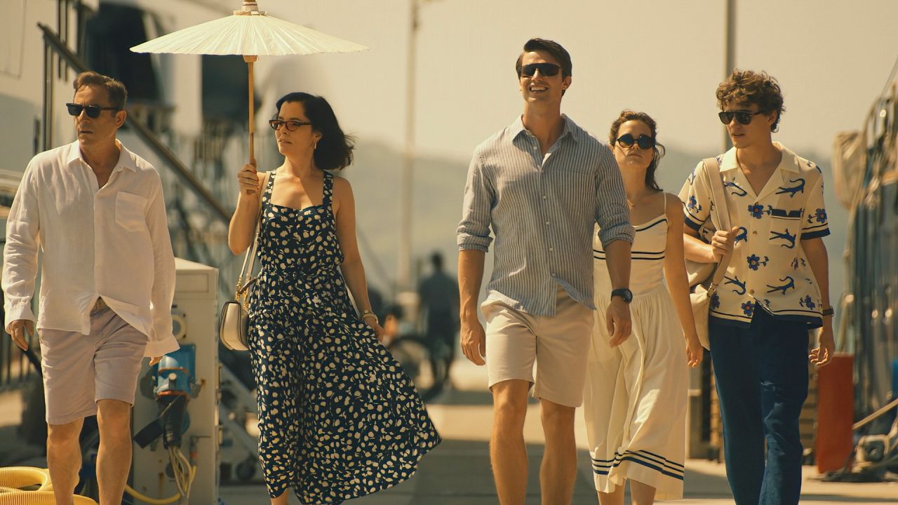 (L to R) Jason Isaacs, Parker Posey, Patrick Schwarzenegger, Sarah Catherine Hook, and Sam Nivola in 'The White Lotus' Season 3. Photo: Fabio Lovino/HBO.